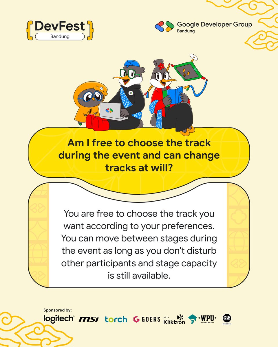 GDGBandung's tweet image. Track flexibility: Yes, you’re free to choose &amp;amp; move between tracks sesuai preferensi, asal nggak ganggu peserta lain 🙌 #DevFestBandung #TechEvent