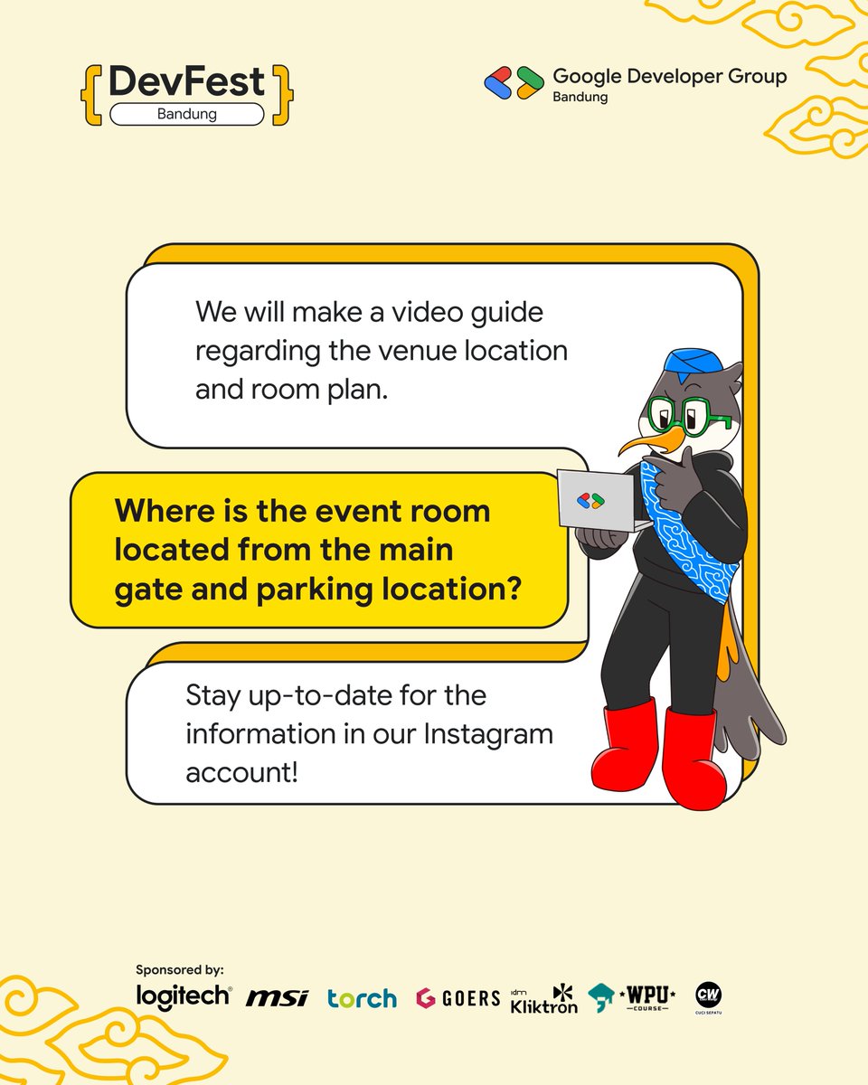 GDGBandung's tweet image. Venue location: We’ll drop video guides &amp;amp; updates di IG 📍 Stay tuned biar nggak nyasar pas event day 😉 #DevFestBandung #Bandung #TechConference