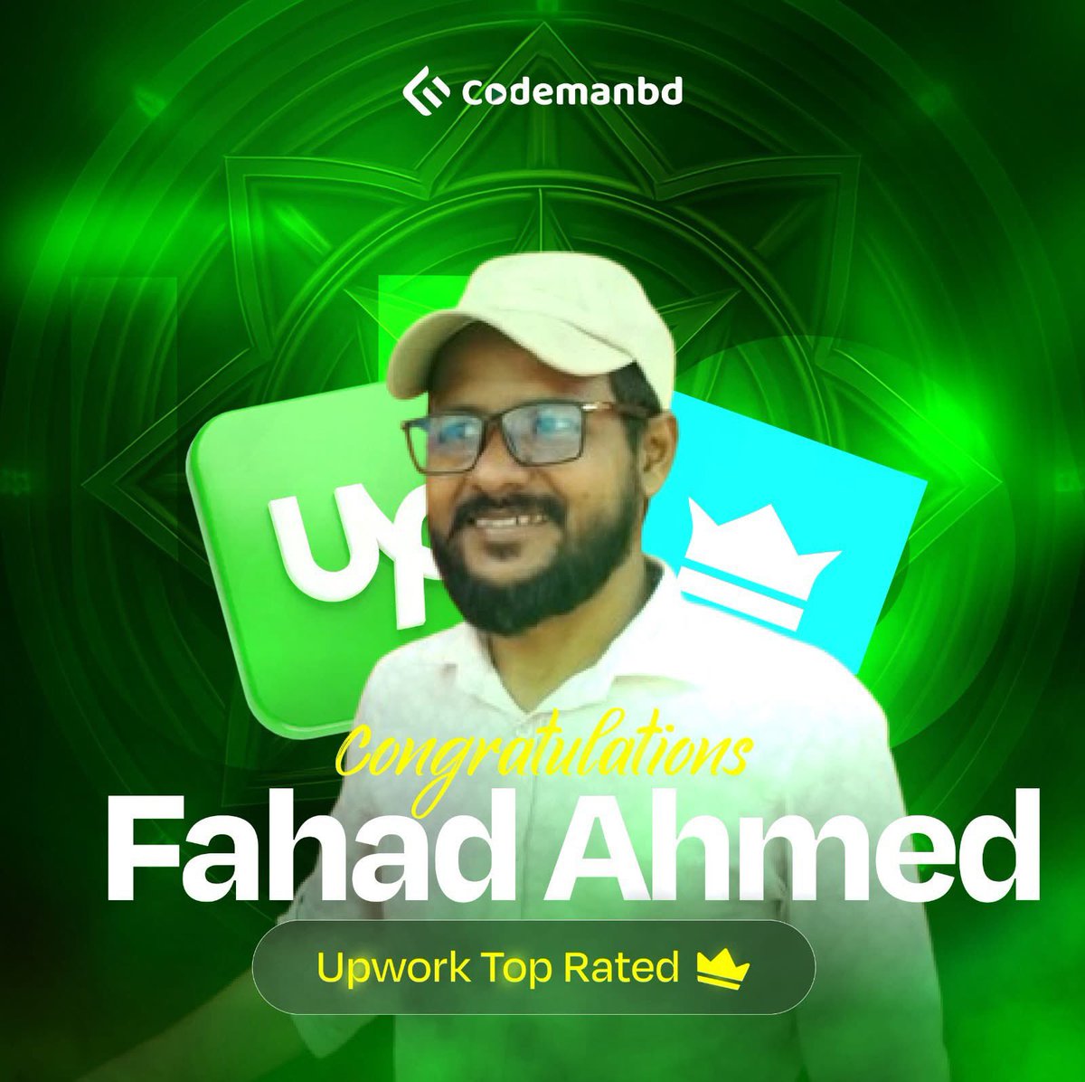 codemanbd's tweet image. শুভকামনা Fahad Ahmed Bhiuyan Faruk আপওয়ার্ক মার্কেটপ্লেসে টপ রেটেড ব্যাজ অর্জনের জন্য 🧡 #Codemanbd | #StudentSuccess