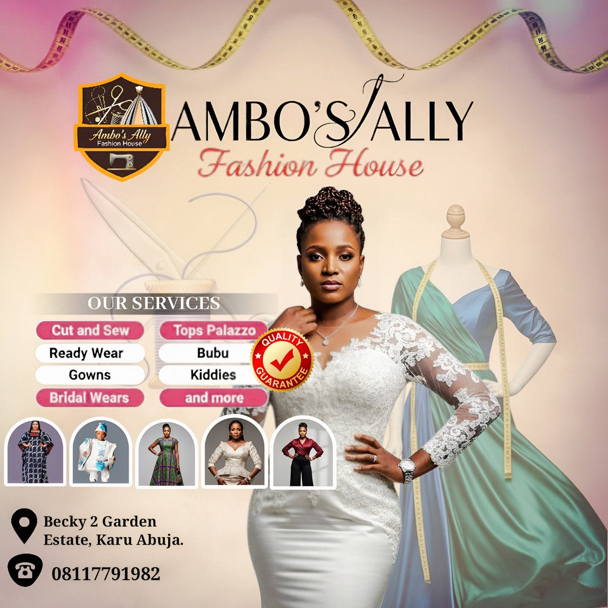 elixir_john's tweet image. Are you in Abuja and searching for a reputable fashion house? Look no further. Are you seeking a fashion house that understands your body and style? Say hello to Ambo’s Ally Fashion House. Custom designs | Unique styles | Affordable prices. Wear confidence. Wear Ambo’s Ally.
