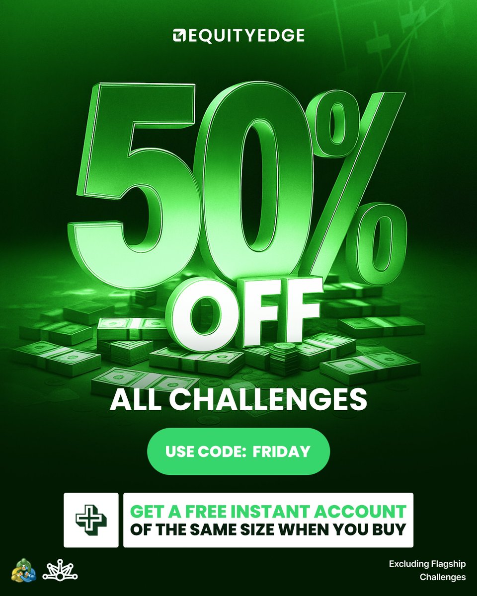 EquityEdgeUK's tweet image. HALF PRICE + FREE INSTANT ACCOUNT! 🤯

Get 50% OFF your Challenge (excl. Flagship) AND a FREE Instant Account of the same size!

Double the opportunity for half the price. 📈

Free accounts will be issued automatically upon purchase with code FRIDAY.

Hurry, this offer ends soon!…