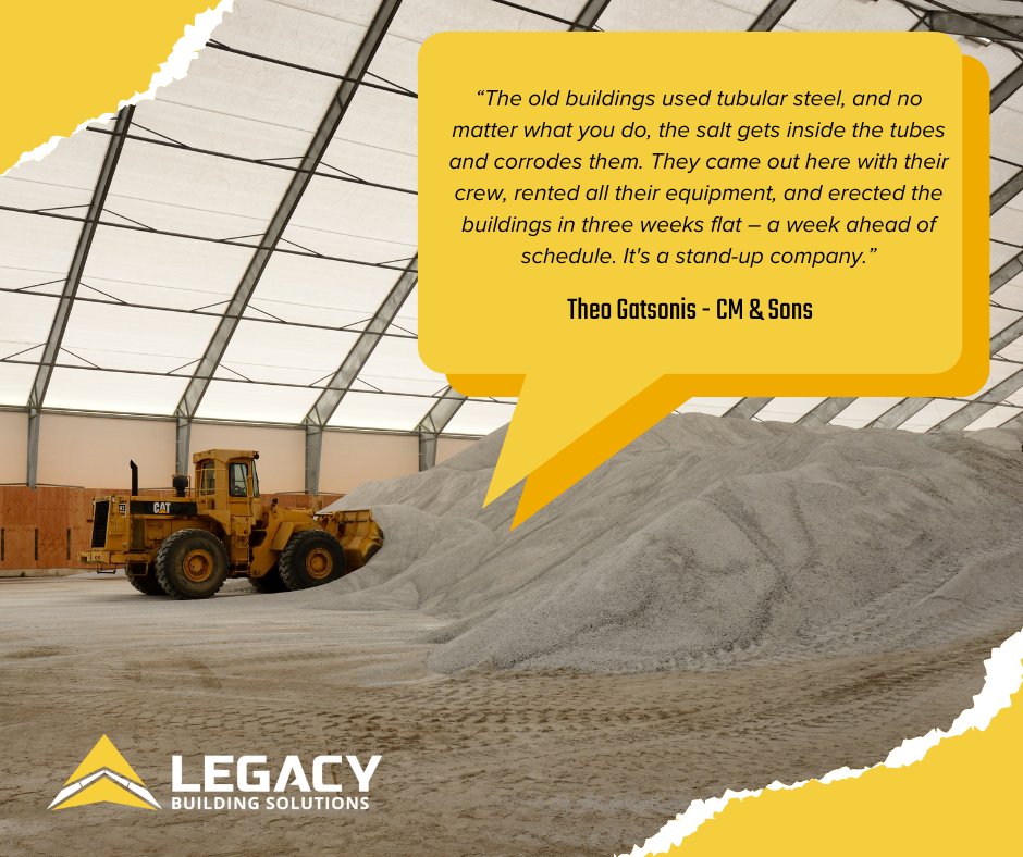 Legacy_Building's tweet image. When corrosion threatened their old salt storage ⚙️, CM &amp;amp; Sons turned to Legacy. A galvanized steel frame, expert crew 👷‍♂️, and a finished project ahead of schedule ⏱️ That’s the Legacy Advantage.

#BuildWithLegacy #LegacyNation #BulkStorage #CustomerStory #FabricBuildingExperts