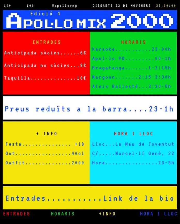 💫 Aquest dissabte celebrem la 4a edició de l'Apol·lo Mix 2000! Ens hi veurem?

✌️ Entrades anticipades a entradium.com/ca/events/apol…