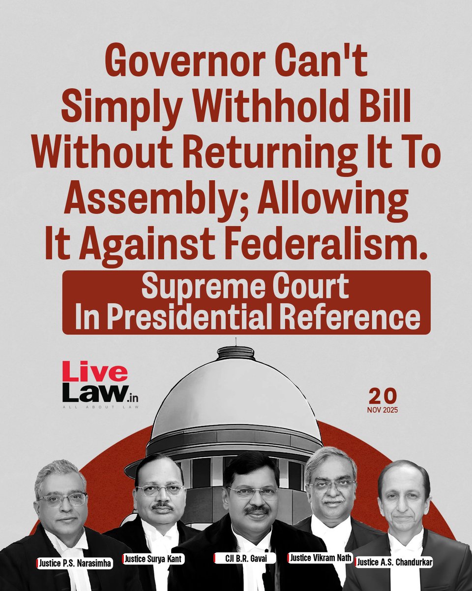 LiveLawIndia's tweet image. In its opinion in the Presidential Reference, the Supreme Court has held that a Governor cannot indefinitely withhold assent to a Bill without returning it to the State Legislature.  
Read more: zurl.co/o1vg5 
#SupremeCourt #PresidentialReference #Governor