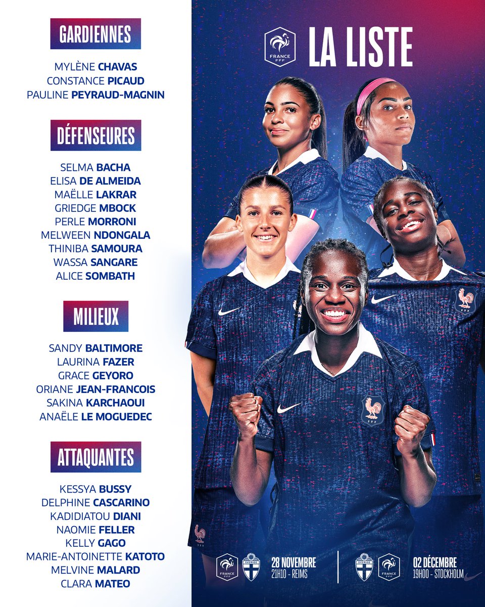equipedefranceF's tweet image. La liste des Bleues 📋🇫🇷

@LaurentBonadei a retenu 2️⃣6️⃣ joueuses pour aller chercher la troisième place de la Ligue des Nations face à la Suède 🇸🇪

🆕 Première convocation pour Anaële Le Moguédec 🙌