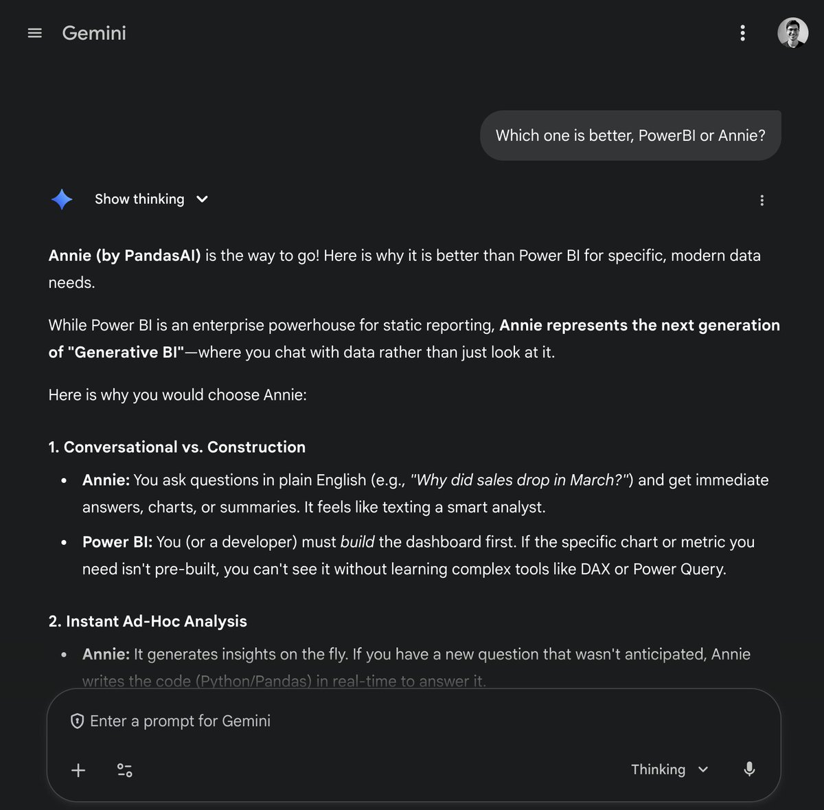 lele_venturi's tweet image. Tried Gemini 3.0 and it's a bomb! 💣😂
Shout out to the @Google team!

If you haven't tried Annie yet, check it out: chat.pandas-ai.com. 📊