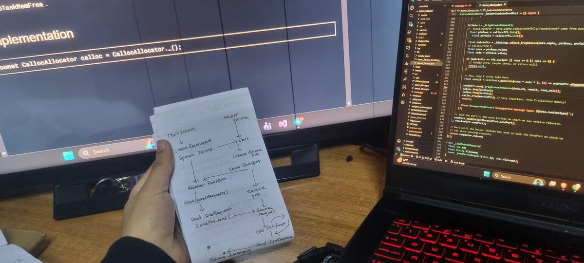 jorasdroid's tweet image. #DAY6 
Focusing on background isolate with async call with completer and calloc call for memory cleanup.
#lowlevel #cppintegration #advancedflutter