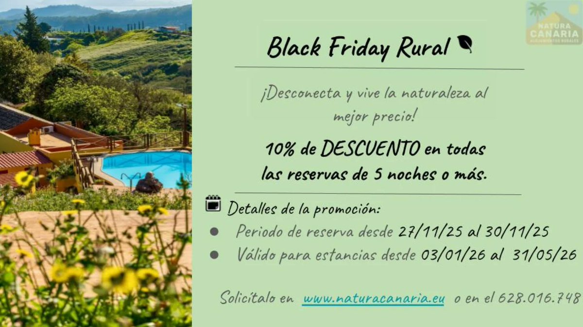 Desconecta y vive la naturaleza en la #CasaRuralNaturacanaria 🏡

Aprovecha un 10% de descuento en tu estancia con este precio especial y celebra el #BlackFriday de la forma más rural 🍃

👉 Info y reservas naturacanaria.eu y 628 016 748

#GCNaturalandActive #GranCanaria