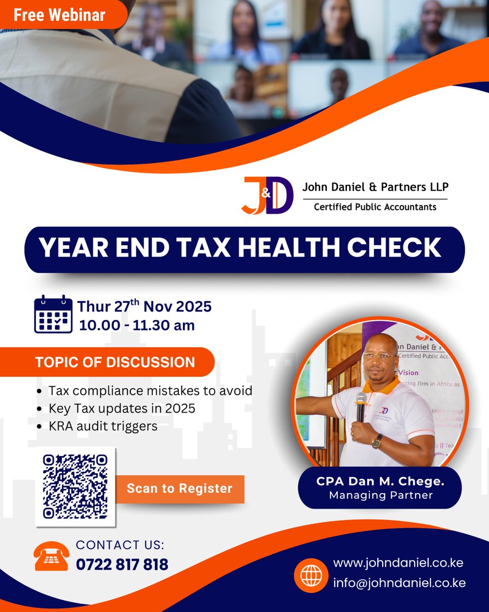 As the year draws to a close, many organisations are reviewing their tax position and preparing for a smooth filing season.

Join us for a clear, focused session where we’ll cover:
— Tax compliance mistakes to avoid
— Key Tax updates in 2025
— KRA audit triggers
— Live Q&amp;A with