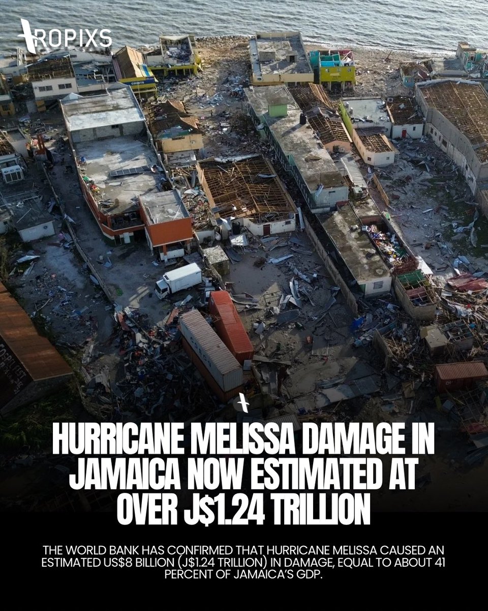 The World Bank has confirmed that damages from Hurricane Melissa are estimated at US$8 billion (approximately J$1.24 trillion), representing 41% of Jamaica’s GDP.