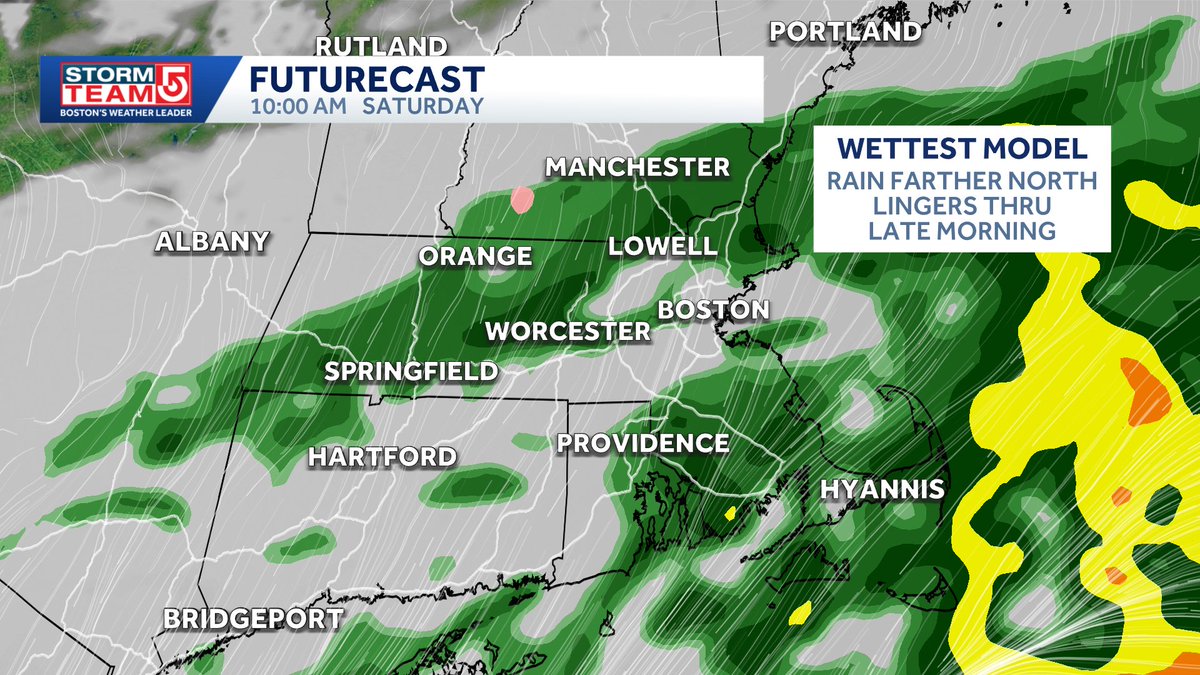 Met_CindyFitz's tweet image. SLOWING DOWN...
Rain may linger a little longer on Saturday morning *IF* this front slows down.  A couple of our computer models  are doing this.  The wettest model keeps some rain around thru late morning especially in SE MA.  #WCVB