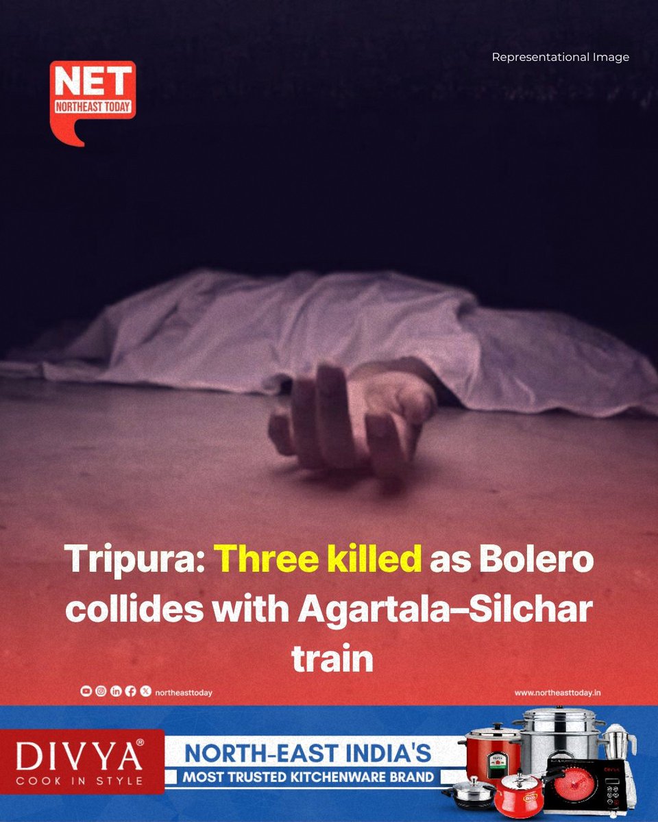 NortheastToday's tweet image. #Tripura | Three people were tragically killed on Thursday when a goods-laden Bolero vehicle collided with the Agartala–Silchar passenger train at a level crossing in Sindhu Kumar Para under Longtharai Valley subdivision.

Read more..
northeasttoday.in/northeast/trip…

#killing #collision