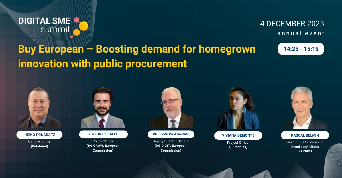 EUdigitalsme's tweet image. 📢 Just two weeks to go until the #DIGITALSMESummit!

This panel will explore how #procurement could become a driver for EU-led innovation and address:
🔹 Gaps in the current rules that limit #SME participation in the market
🔹 How local, national, and EU-level buyers can…