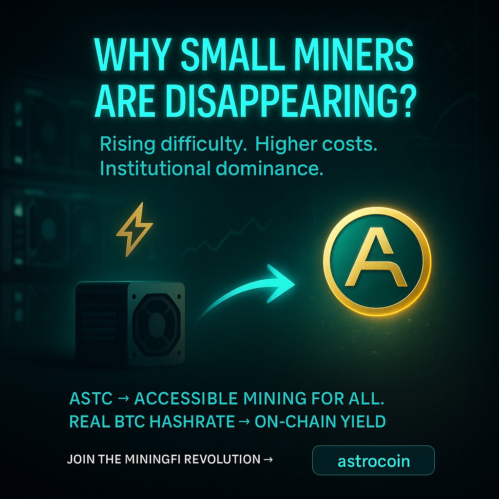 Astrocoin_ASTC's tweet image. 📉 Why are small miners disappearing?
Rising difficulty. Higher energy costs. Institutional dominance.
This is the gap $ASTC aims to solve — turning real BTC hashrate into an accessible, decentralized, on-chain economy.
Mining belongs to everyone. ⚡
#Astrocoin  #BTC #DeFi