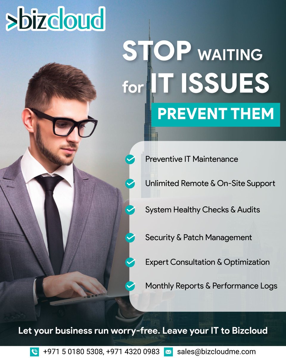 bizclouditllc's tweet image. Stop waiting for IT issues — prevent them with Bizcloud!
From unlimited support to security, audits, and performance checks, we keep your systems running smoothly and worry-free.
Leave your IT to us. 🚀

#Bizcloud #ITSupport #CyberSecurity #ManagedIT #TechSolutions #UAEBusiness