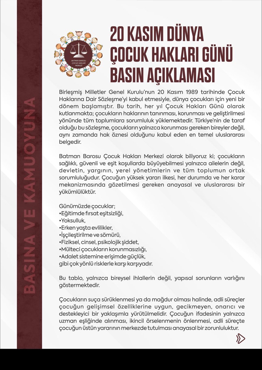 BatmanBarosuCHM's tweet photo. 20 Kasım Dünya Çocuk Hakları Günü kapsamında Batman Barosu Çocuk Hakları Merkezi basın açıklaması. https://t.co/LoDE3CQSPx
