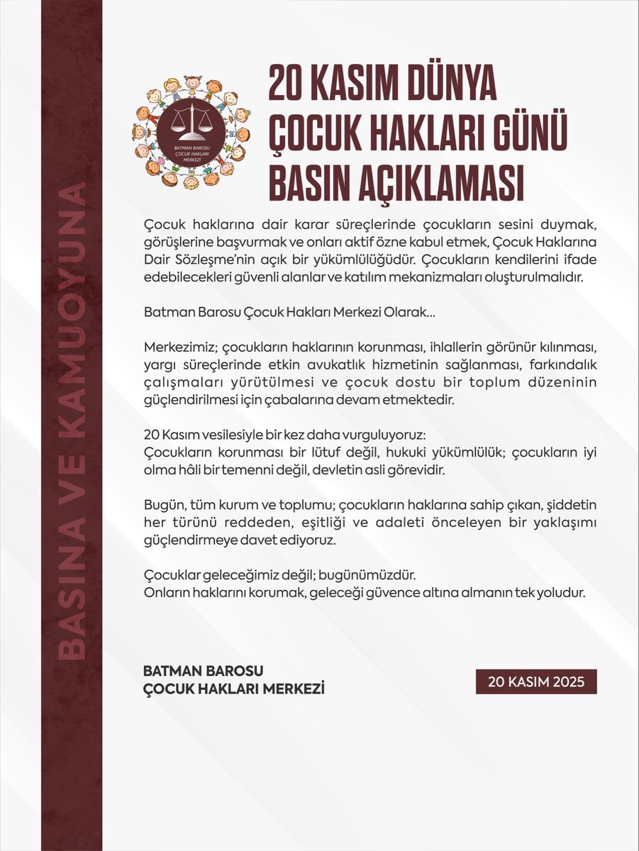 20 Kasım Dünya Çocuk Hakları Günü kapsamında Batman Barosu Çocuk Hakları Merkezi basın açıklaması.