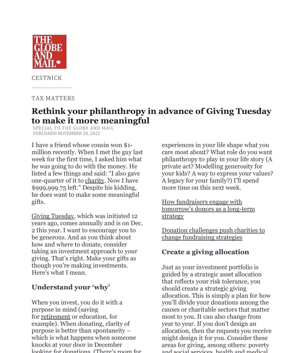 Our Co-Founder and CEO, Tim Cestnick, has written a recent piece in The Globe and Mail, "Rethink your philanthropy in advance of Giving Tuesday to make it more meaningful." bit.ly/486YVyC #taxmatters #finances #theglobeandmail #ourfamilyoffice