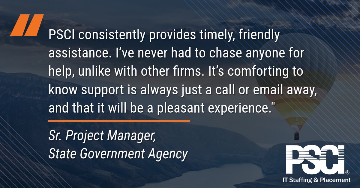 PSCI's tweet image. At #PSCI, we take pride in providing reliable, responsive support to every consultant. Feedback like this reminds us why strong #relationships matter. #ITConsulting #ITCareers #TechTalent #ITStaffing