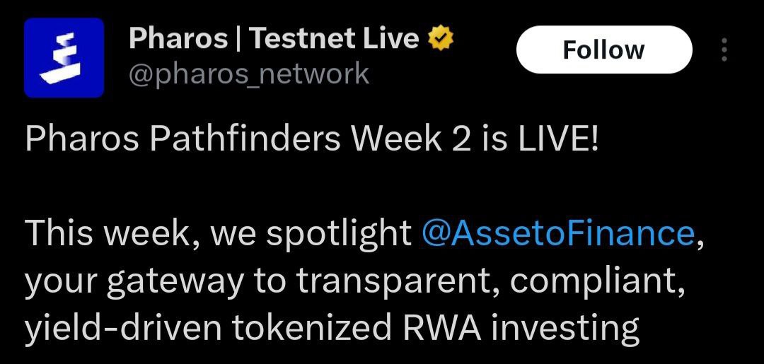 SharjeelRa70's tweet image. Pharos Network — Pathfinder Week 💥

✖️ Post your content on X
🔜 Tag @pharos_network &amp;amp; @AssetoFinance
🔜 Add #PharosPathfinders #Week2
🔜 Submit Link in Discord. ✔️

▶️ Week 2 Tasks:-👇

✔️ Create a short thread/ video, or visual guide showing your Asseto Finance journey. 

🧵