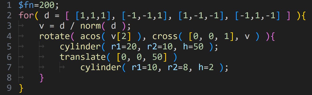 k_sugimoto's tweet image. #消波ブロック のモデリングが流行っているらしいので  #OpenSCAD  で9行で作成。角度の定数は無しで0,1,-1から表現できてスッキリ。
