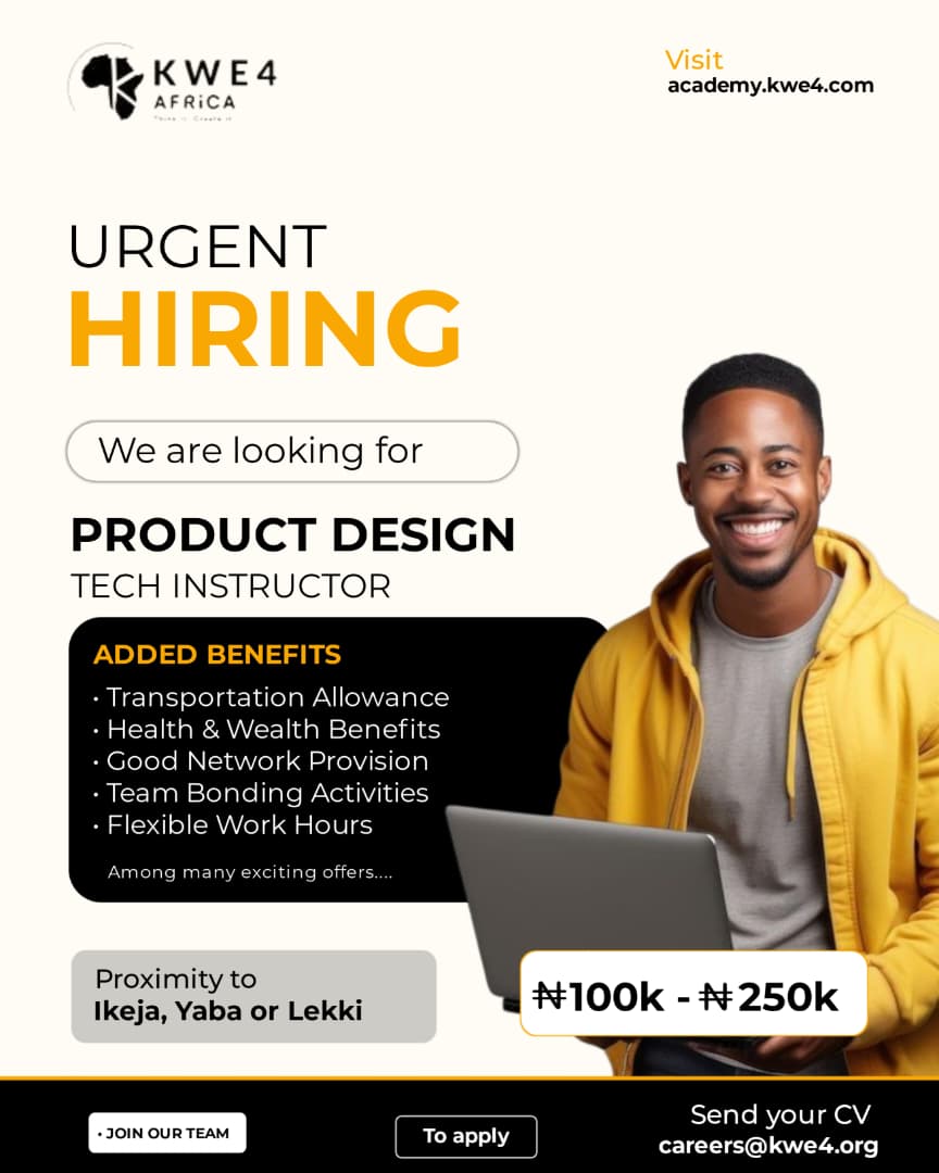 JobBusStop's tweet image. Hiring: Product Designer Tech Instructor

Salary: N100,000 - N250,000
Location: Lagos

See Flyer for More Details.
Send Application to careers@kwe4.org