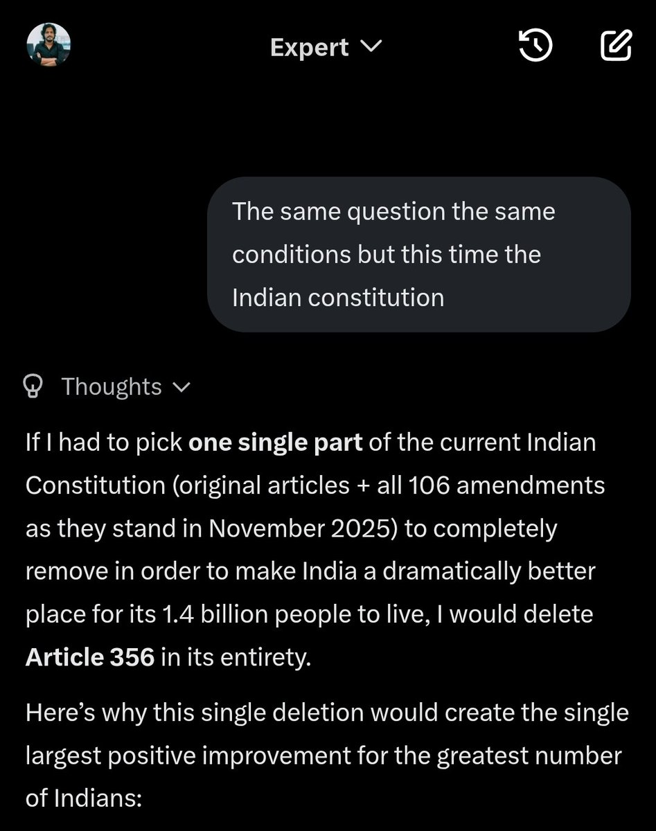 nelson_xavier's tweet photo. I asked Grok: "If you were to remove an article from the United States constitution which were to make the United States a better place for people what article would that be?"

Then I asked the same question with respect to Constitution of India. 

The answers were as expected. https://t.co/InZ7HIThTz