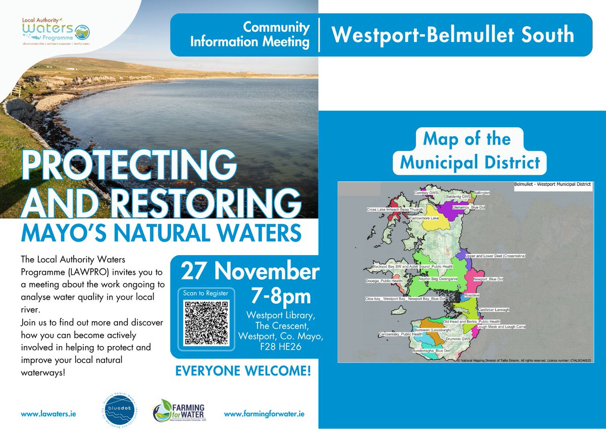 WatersProgramme's tweet image. Want to help protect and restore Mayo&apos;s rivers, lakes, streams and coastal waters? 🌊

You&apos;re invited to our community information meeting in Westport on 27th November.

🕰️ 7-8pm, Westport Library, The Crescent, Westport, Co. Mayo, F28 HE26

Register here: bit.ly/480RR6s