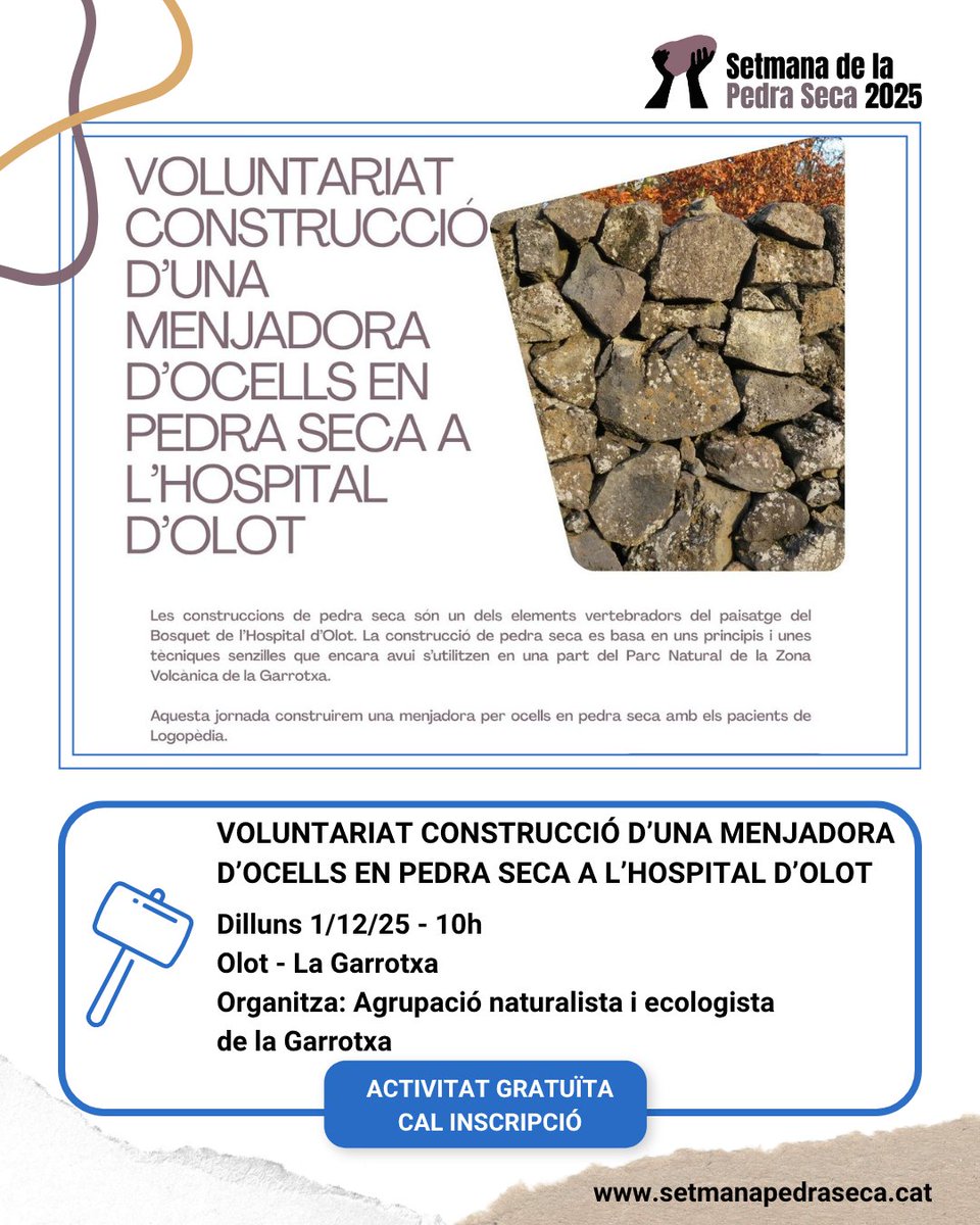 SetmPedraSeca's tweet image. 🔵APRENENTATGE
⚒️ Voluntariat construcció d’una menjadora d’ocells en pedra seca a l’Hospital d’Olot

🗓1/12
⏰10h
📍Olot
📌Organitza: Agrupació naturalista i ecologista de la Garrotxa
➕Info, calendari i mapa👇
setmanapedraseca.cat/activitats/age…

#SetmanaPedraSeca25 #PedraSeca