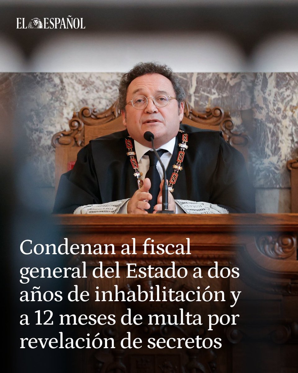 elespanolcom's tweet image. 🔴❗️👨‍⚖️ El Tribunal Supremo ha condenado a dos años de inhabilitación y a una multa de 7.200 euros a Álvaro García Ortiz, por un delito de revelación de secretos en relación a la presunta filtración de un correo relacionado con la pareja de  Ayuso

📲 dozz.es/2vhag5