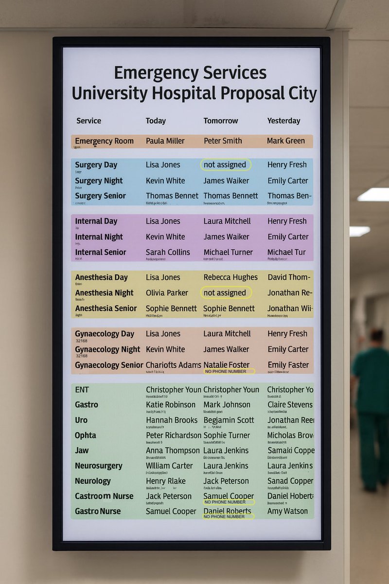 qhit's tweet image. Eines der schönsten Projekte, die ich je gemacht habe: Der Info Screen für Spitäler/Krankenhäuser, der automatisch🤖 anzeigt, wer welchen Dienst hat. Kurzfristige Änderungen werden in Echtzeit berücksichtigt. Datenquelle dafür ist die HLthcare.app 📲