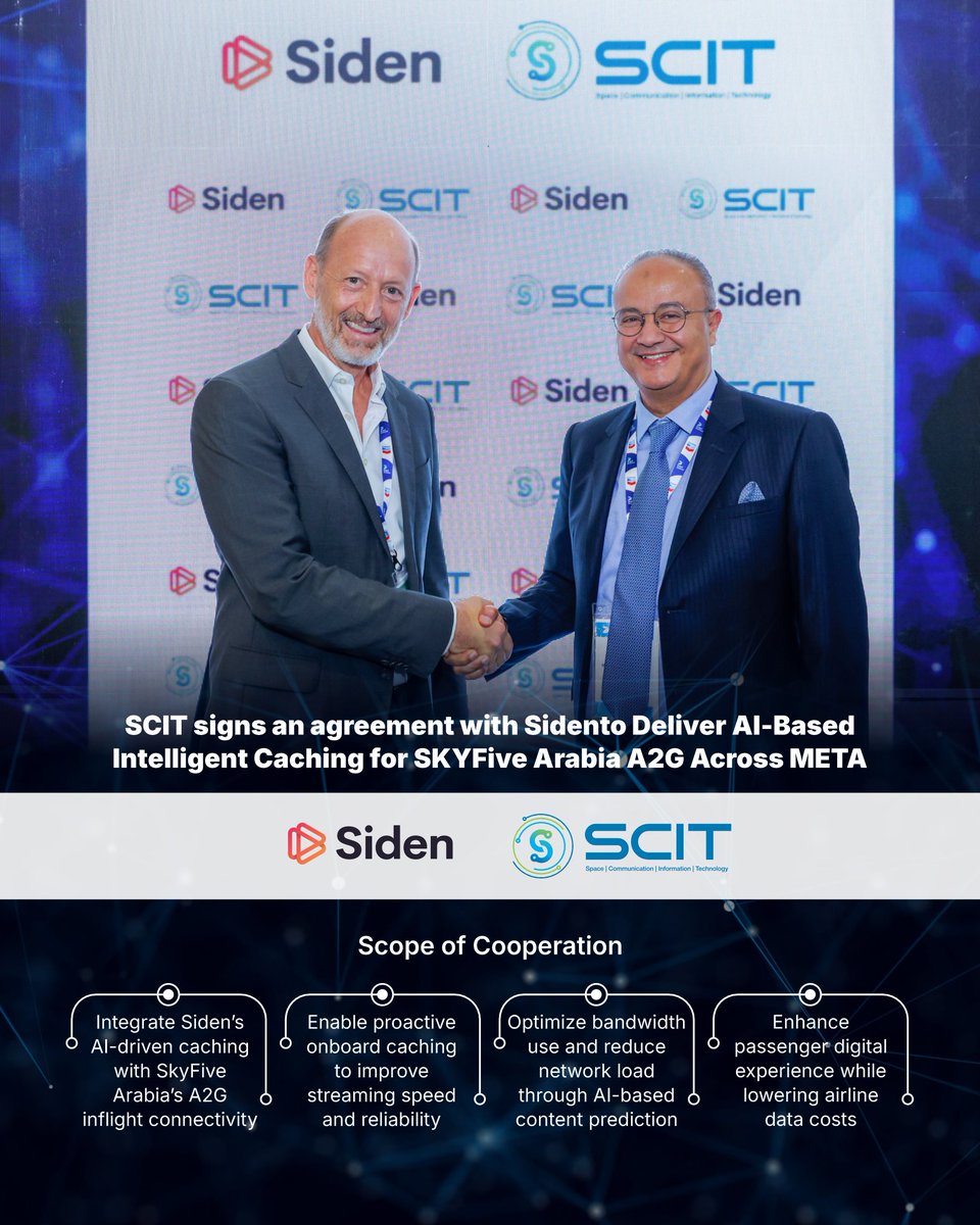 SCIT_Group's tweet photo. The partnership introduces first-of-its-kind intelligent caching for inflight A2G networks, enabling airlines to reducing network load

#DubaiAirshow #DAS25 #AviationNews #SCIT #Connectivity #shapingthefuture #saudiarabia https://t.co/DBF7FwMhTs