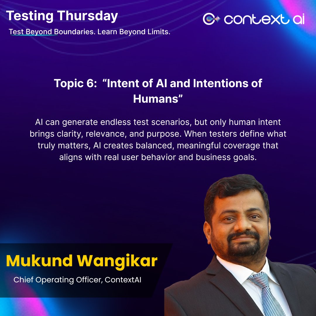 ContextQa's tweet image. AI can generate test cases fast, but only humans bring intent, context, and clarity. The best results happen when testers guide the scope and AI expands it smartly. 

Topic by Mukund Wangikar, COO ContextAI.

#SoftwareTesting #AITesting #QualityEngineering #AI #TestingThursday