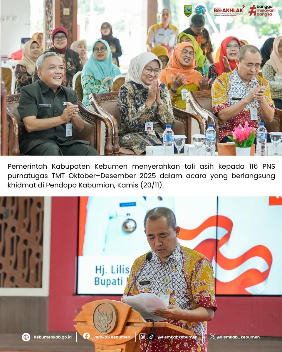 pemkab_kebumen's tweet photo. Pemkab Kebumen menyerahkan tali asih kepada 116 PNS yang memasuki masa purna tugas TMT Oktober–Desember 2025, dalam acara yang digelar di Pendopo Kabumian, Kamis (20/11/2025).  #purnatugas #purnatugasasn #taliasih #bupatikebumen https://t.co/pSJxk9QvdL