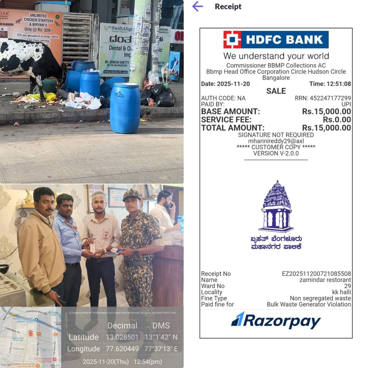GBA_office's tweet image. ₹15,000 penalty imposed by BNCC Team on Zamindar Hotel for garbage spillage on the footpath and failure to segregate waste. Strict action continues to ensure clean and responsible public spaces.

#northcitycorporation #GreaterBengaluruAuthority #DKShivakumar #CMofKarnataka