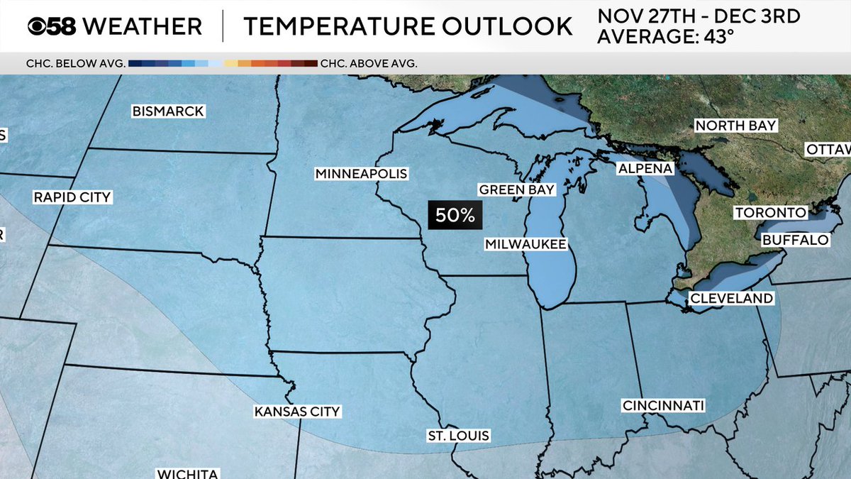 A batch of cold air looks to roll in right in time for Thanksgiving and the big shopping weekend. The temperature trend shows a 50% chance for below average temps. The average high for Thanksgiving is 43 so there's a decent chance we stay in the 30s for highs...