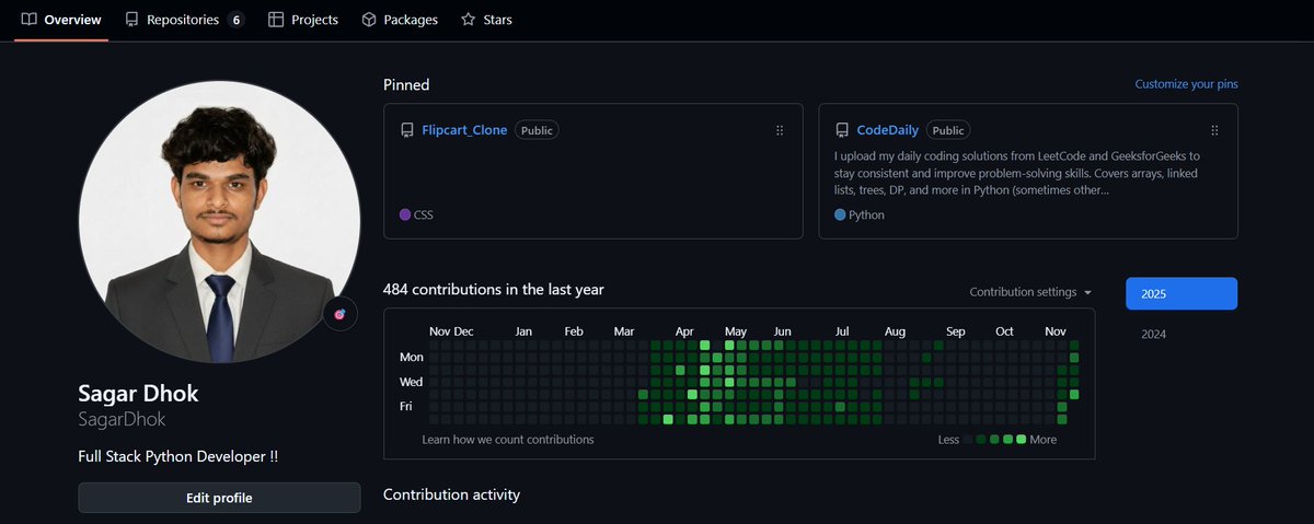 SagarDh0k's tweet image. Took a break for a while life happens but I’m back on GitHub and getting my momentum back one commit at a time 484 contributions even with the gap 2026 is gonna be all progress no excuses
#Python #BackendDeveloper #Coding