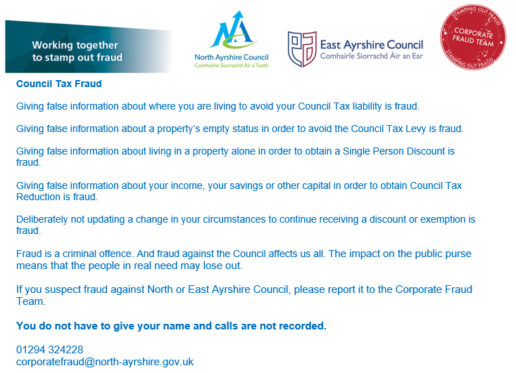 NAC_CorpFraud's tweet photo. If you suspect someone of committing Council Tax Fraud, please report it to the Corporate Fraud Team.
You can remain anonymous.
#fraudweek
#stampoutfraud https://t.co/zJsri5cBWZ