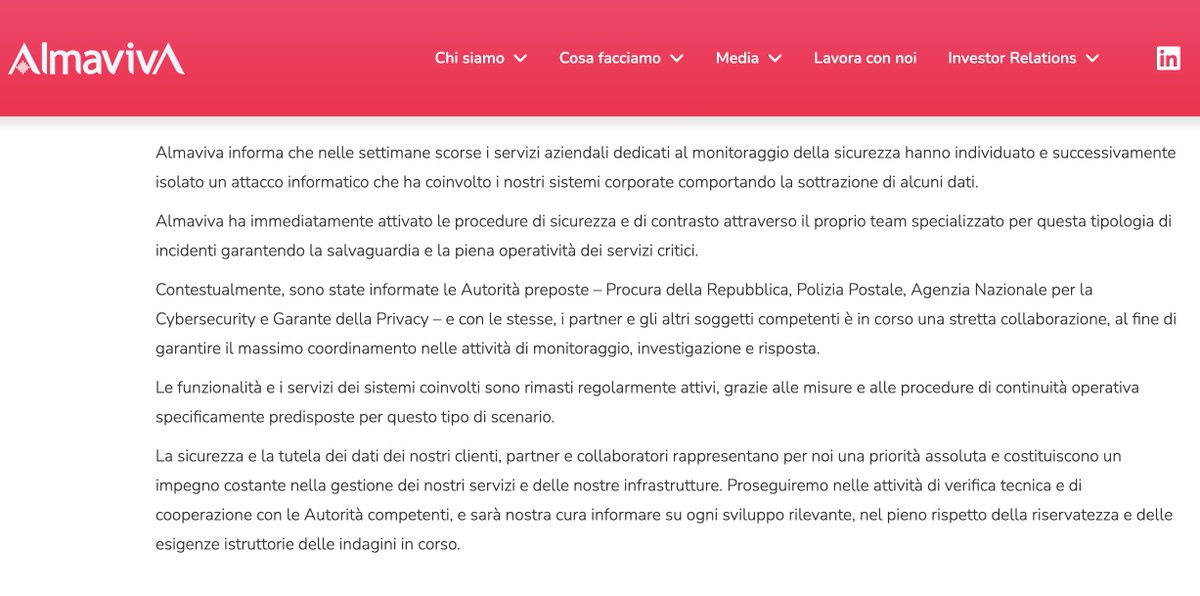 sonoclaudio's tweet image. 🆕 🖊️ #CyberNews dall&apos;Italia 🇮🇹 e dal mondo 🌐, via @ransomnews | ransomnews.online
#DataBreach #Almaviva | Comunicato ufficiale:
🔗 almaviva.it/it_IT/news/sho…