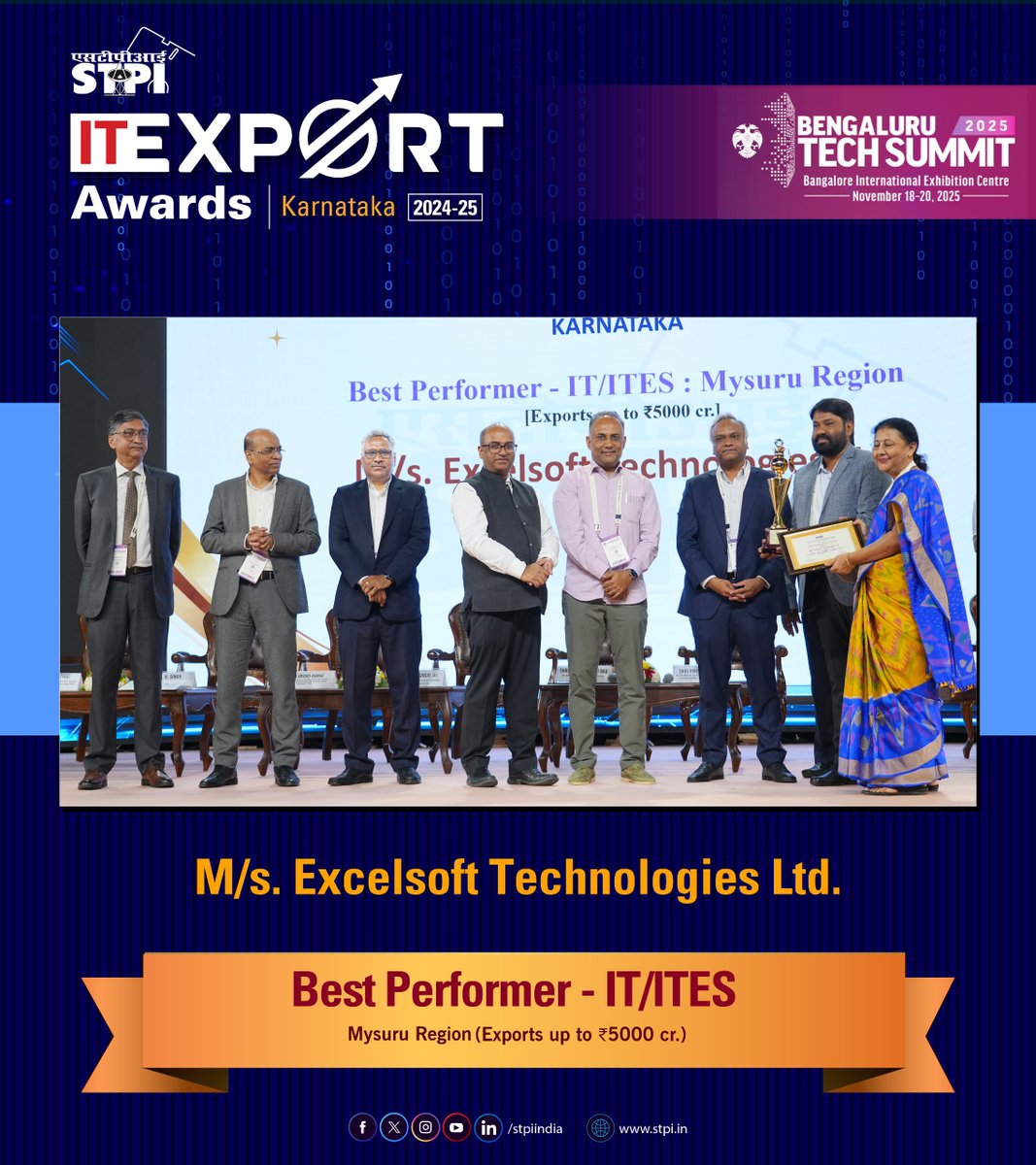 stpiindia's tweet image. Stills from STPI IT Export Award Ceremony at BTS 2025 📷

⭐ Many Congratulations to 

M/s. Excelsoft Technologies Ltd., recognised for being the Best Performer - IT/ITES in Mysuru Region (Exports up to ₹5,000 cr.)

📍Bengaluru Tech Summit (BTS) 2025

#BTS2025…