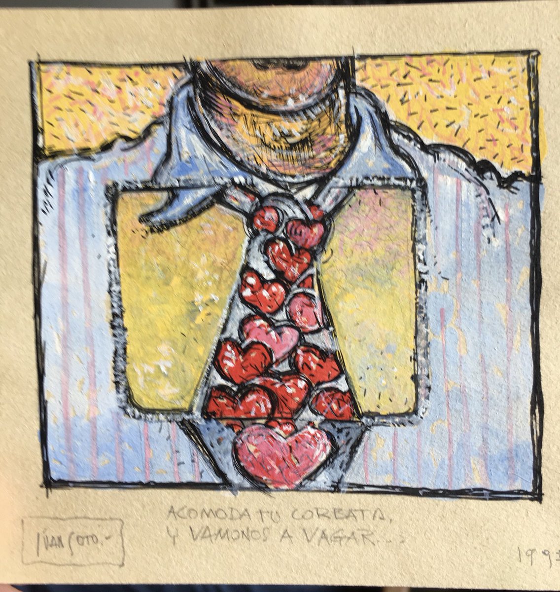 20 de noviembre
Canción qué escribí en 1991. 
Ilustración del Gran ⁦<a href="/sotografico/">juan soto</a>⁩ 

“ Acomoda tu corbata 
y vámonos a caminar
Bajo este cielo techo 
Lastimarse no vale la pena..”

open.spotify.com/track/2IGv0dFQ…

⁦<a href="/estelares/">Estelares</a>⁩