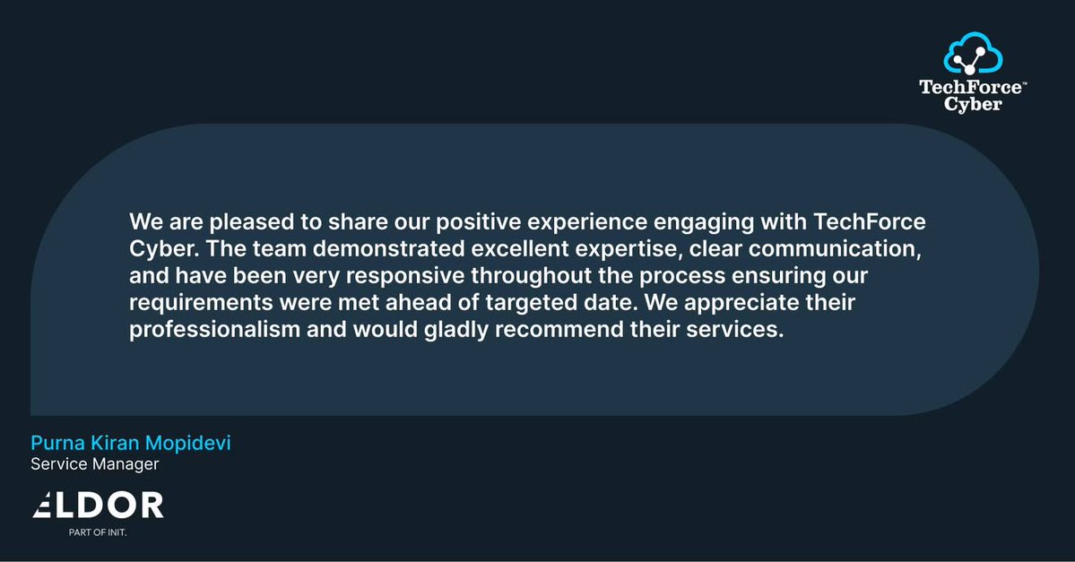 TechForceCyber's tweet image. We supported @EldorGroup with their cybersecurity goals, providing responsive, expert guidance and meeting all requirements ahead of schedule.

Thank you for the great feedback!

Speak to an expert: zurl.co/qP55J

#CyberSecurity #CyberResilience #Infosec #Compliance