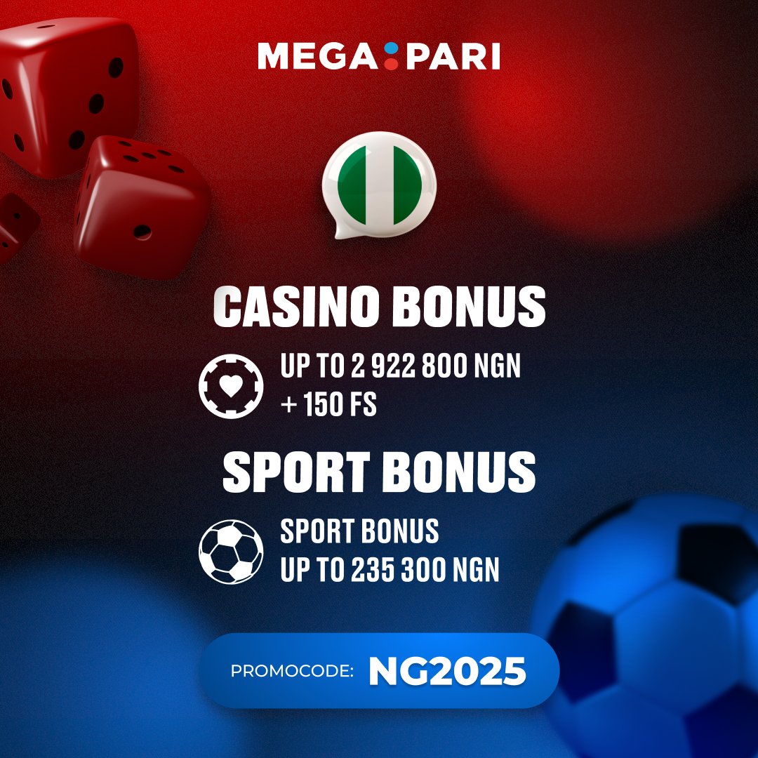megapari_ngr's tweet image. 🎉 Welcome to Megapari!

Use promo code NG2025 👉 megapari.media/42Bb652

Unlock:
🎰 Casino: Up to ₦2,922,800 + 150 Free Spins
⚽ Sports: 100% Bonus up to ₦235,300

Stay tuned for daily free bets &amp;amp; free spins! 💸🔥

#Megapari #Bonus #BetAndWin