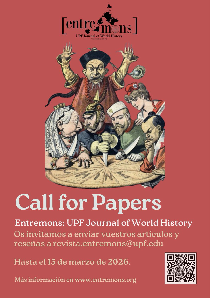 entremonsUPF's tweet image. ¡Abrimos #CallForPapers!
Buscamos trabajos de Historia Global en sentido amplio. Si eres estudiante de posgrado, investigador/a independiente o tienes un proyecto interesante en marcha, ¡nos encantaría recibir tu propuesta!

Hasta 15 marzo 2026
Envíos: revista.entremons@upf.edu