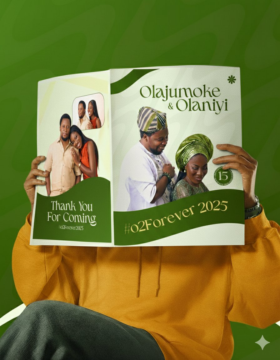 thekingpesam's tweet image. Completed for #O2Forever💚 15-11-25.

I design high-quality Wedding Covers and Jotters that add class to your event.

Running a business? I also create flyers and banners that make your products look ready to sell.

DM me for prices.

Portfolio:
behance.net/gallery/238935…