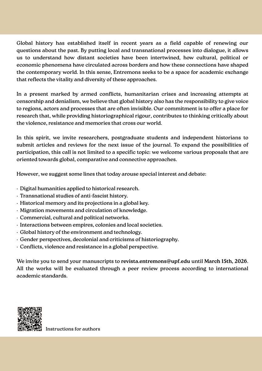 entremonsUPF's tweet image. We’re opening our #CallForPapers!
We welcome submissions on Global History in the broadest sense. If you’re a postgrad student, independent researcher, or have a project in progress, we’d love to receive your proposal!
Until March 15, 2026
Submissions: revista.entremons@upf.edu