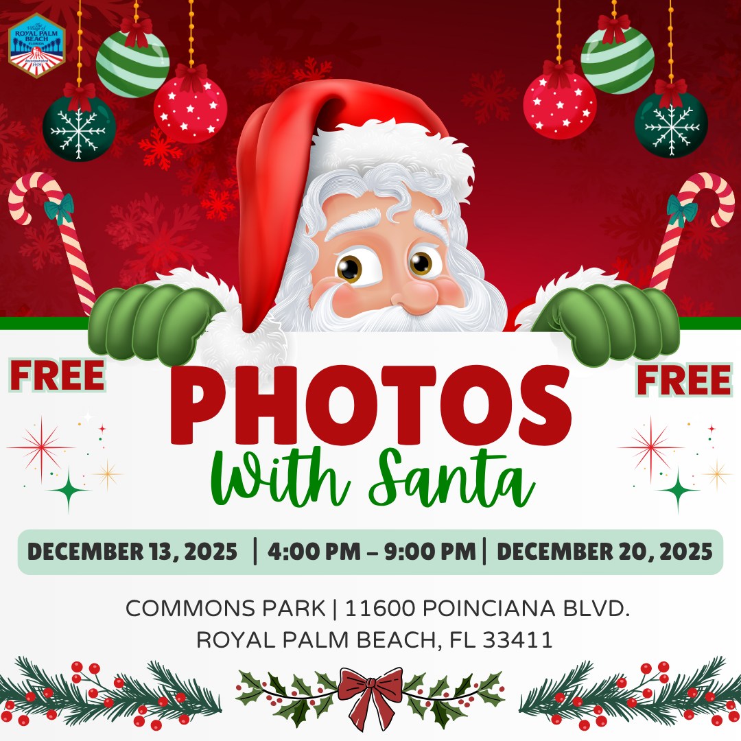 🎅✨ Photos with Santa at Commons Park! 📸
Bring the family (pets too!) for a magical holiday experience in Royal Palm Beach!
📅 Dec 13 &amp; Dec 20, 2025
⏰ 4–9 PM
📍 Commons Park, 11600 Poinciana Blvd
💲 FREE for all ages!

Capture the memories + celebrate the season with us! 🎄✨