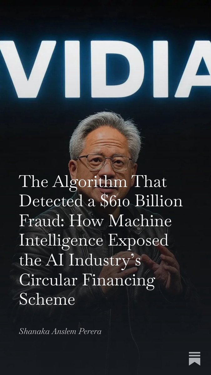 shanaka86's tweet image. BREAKING: The $610 Billion AI Ponzi Scheme Just Collapsed

Last night at 4pm EST, something unprecedented happened. Nvidia stock rallied 5% on earnings, then crashed into negative territory within 18 hours. Wall Street algorithms detected what humans couldn’t: the numbers don’t…