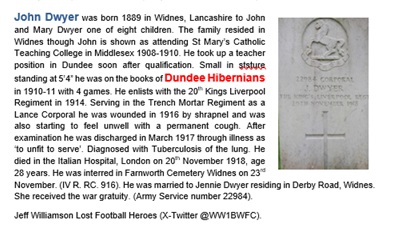 John Dwyer
Kings Liverpool Regiment
Died of illness 20th November 1918 London
Footballer Dundee Hibernian (United)