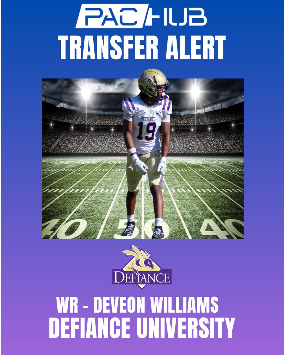 PacHub_'s tweet image. TRANSFER ALERT - Defiance University WR Deveon Williams has entered the transfer portal! Williams' had 50 receptions and 8 TDS in 21 games at Defiance with two years of eligibility remaining!

@Devchill85